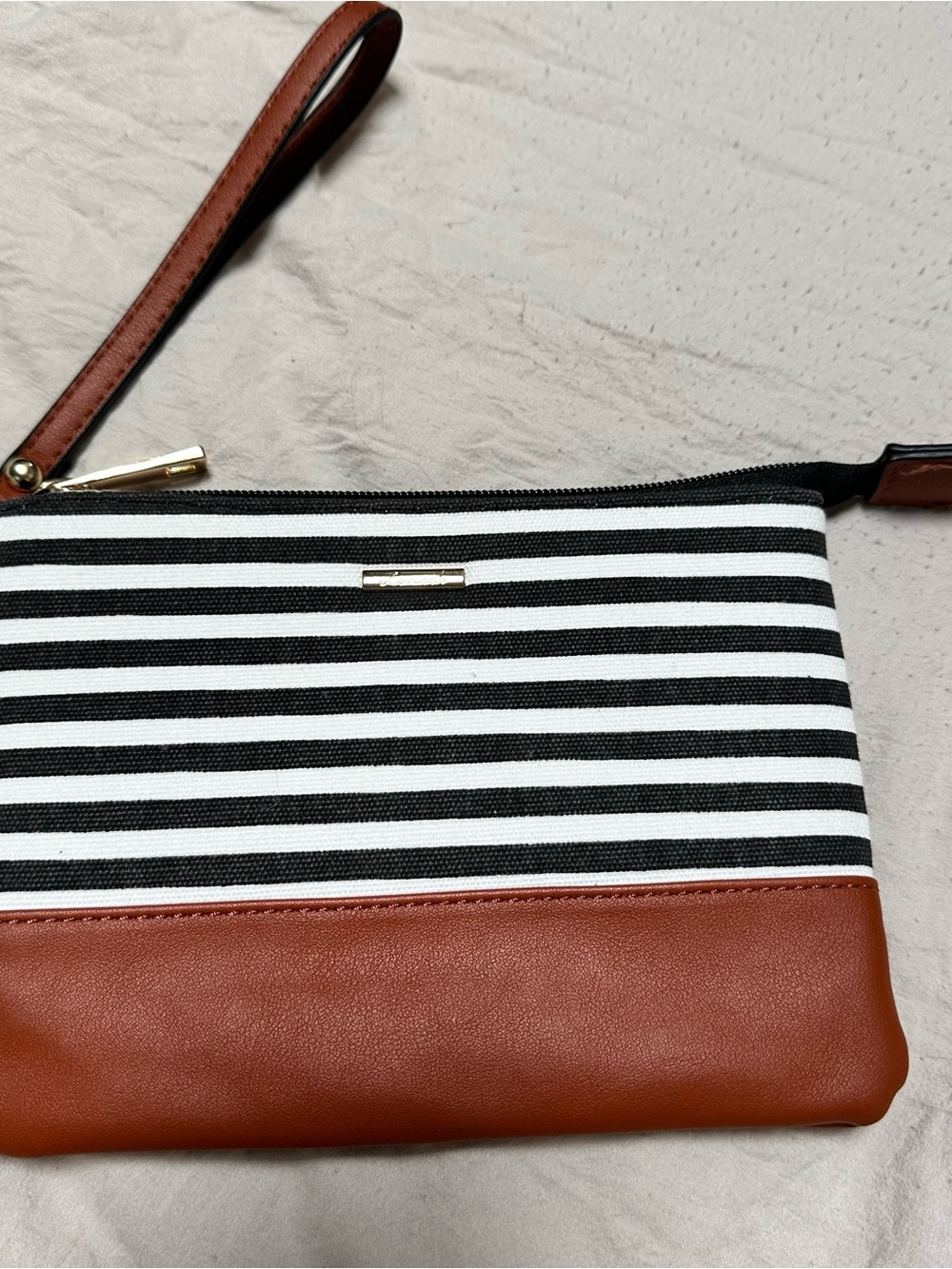 Striped Black & White canvas Wristlet with Brown leather Trim